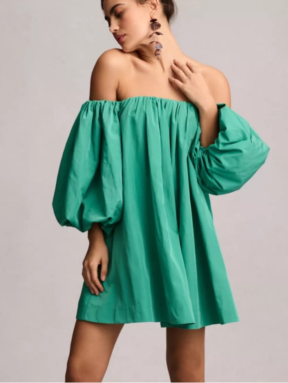 Anthropologie Teal Green Off-Shoulder Puff Sleeve Mini Dress